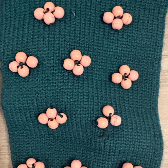 Lele Sadoughi Teal Knit Fingerless Gloves with Pink Accents - Picture 7 of 9
